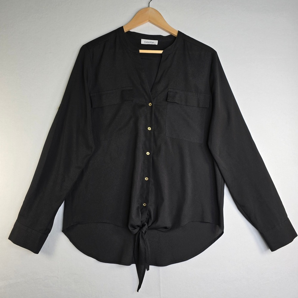 Calvin Klein Black Roll Tab Sleeve Tie Front Blouse Gold Buttons M3WA9584